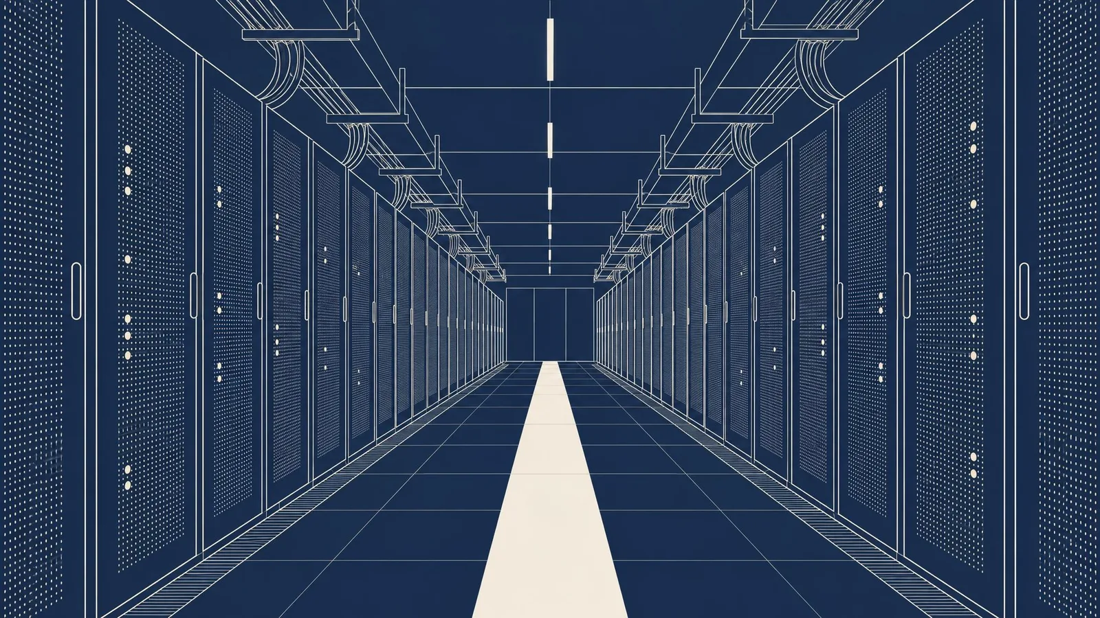A quiet aisle between rows of server racks, receding into the distance.