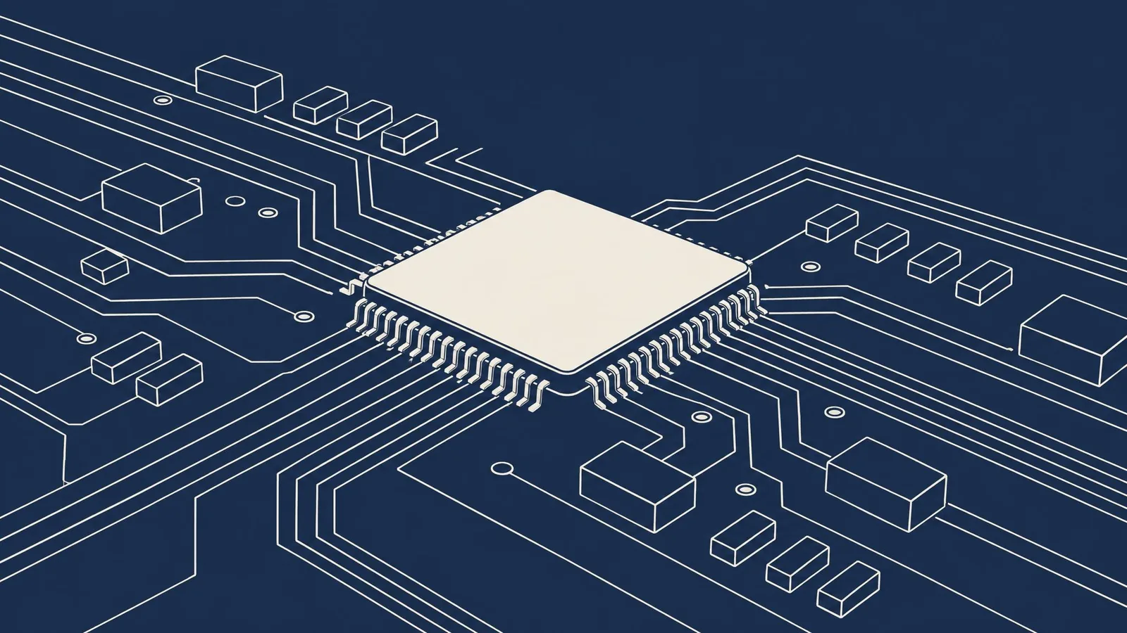A circuit board's fine traces running in neat paths toward a central chip.