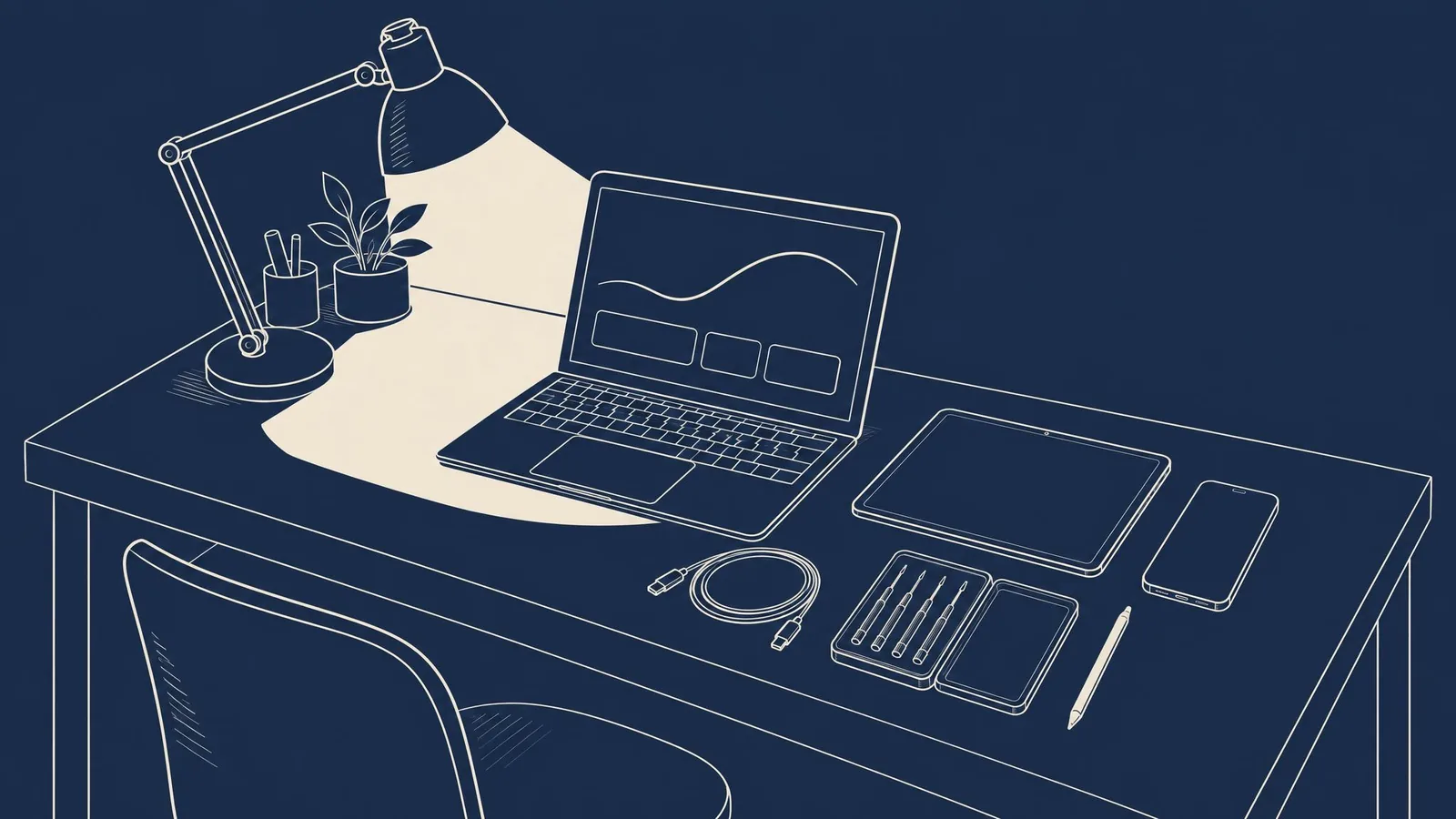 A technologist's workbench with a laptop, a tablet, a phone and a few neat tools under a desk lamp.