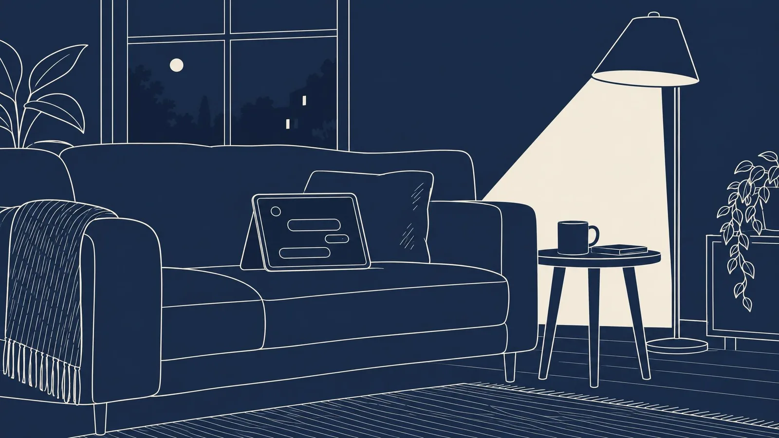 A tablet open to an AI assistant, propped against a cushion on a sofa beside a floor lamp.