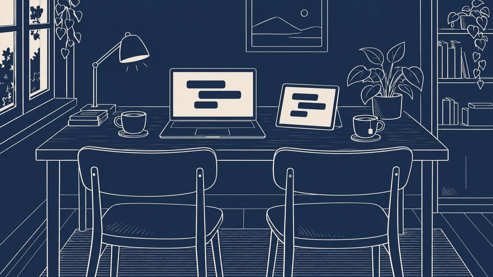 Two empty chairs pulled up side by side at a desk with an open laptop and a tablet showing an AI assistant.