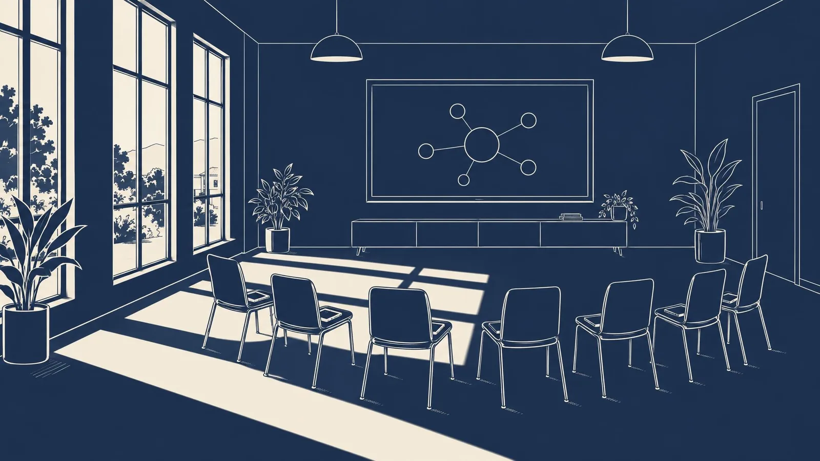 An empty community room set for an AI workshop, with a tablet on each chair facing a screen with a network diagram.
