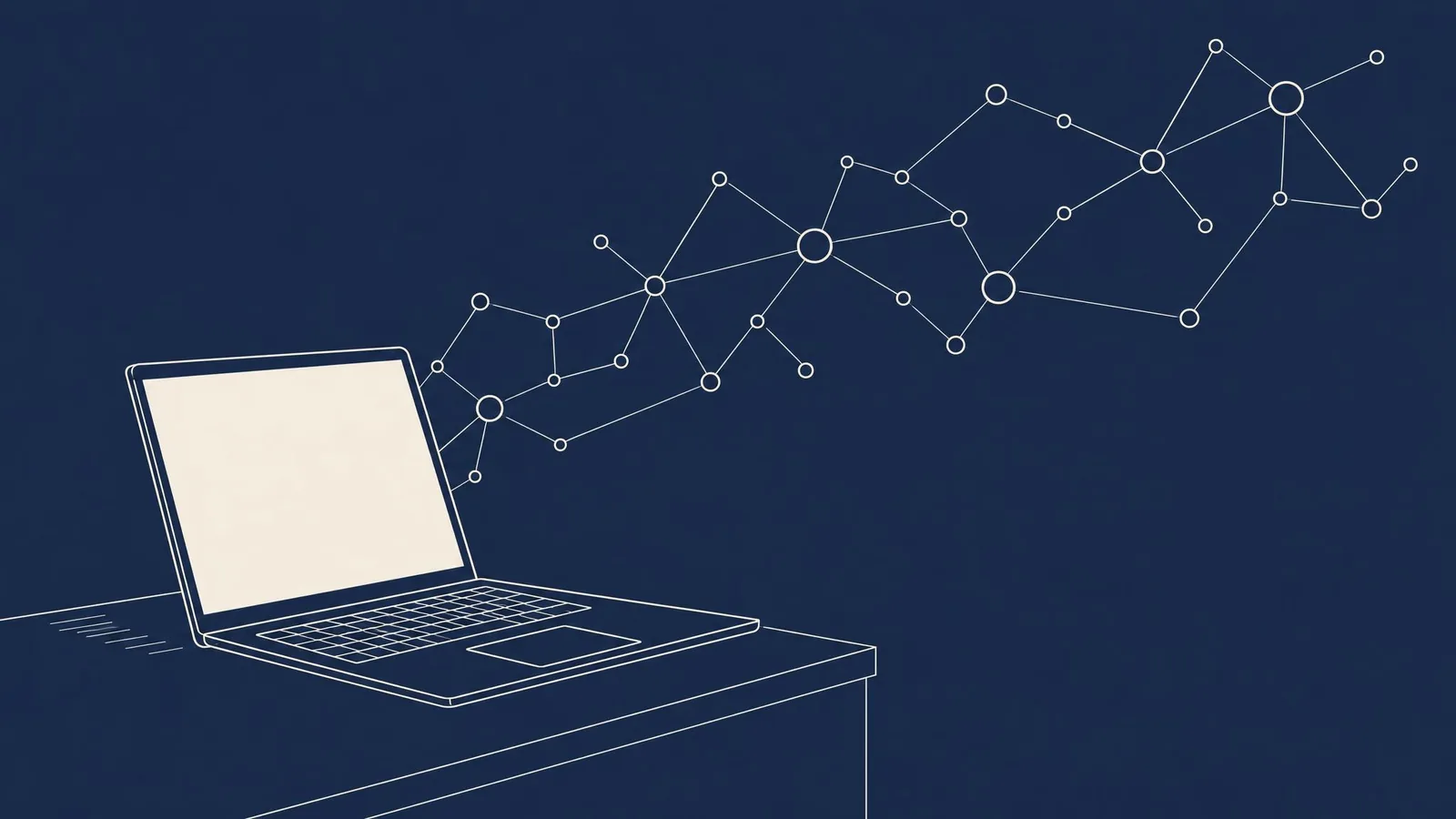 An open laptop with a network of linked nodes rising from its screen, suggesting how AI connects ideas.