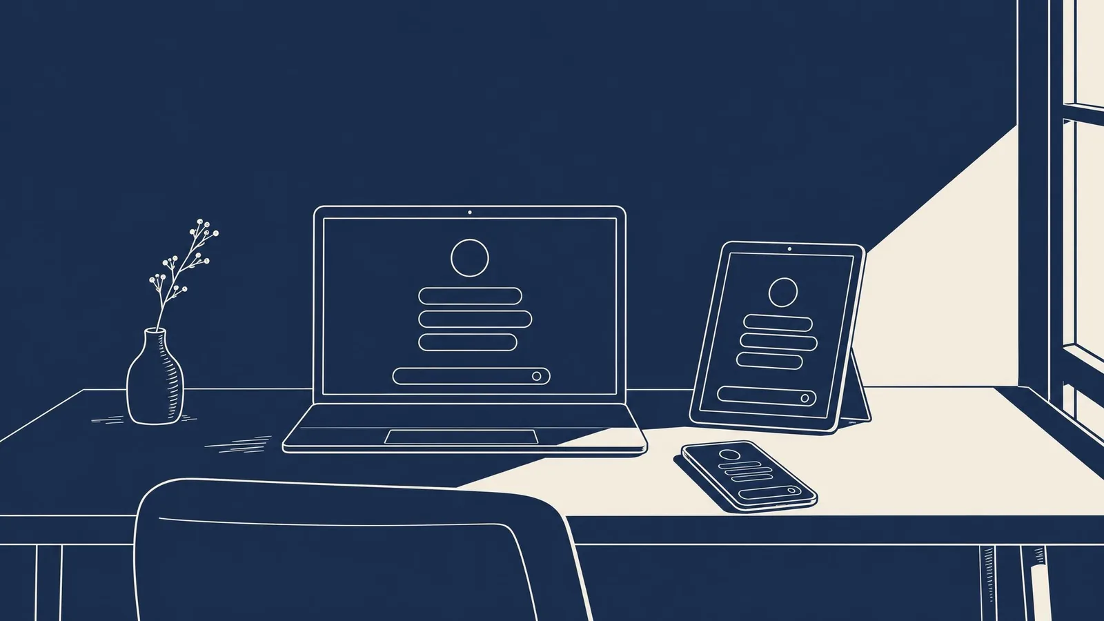 A laptop, a tablet and a phone on a home desk, each showing the same AI assistant on its screen.