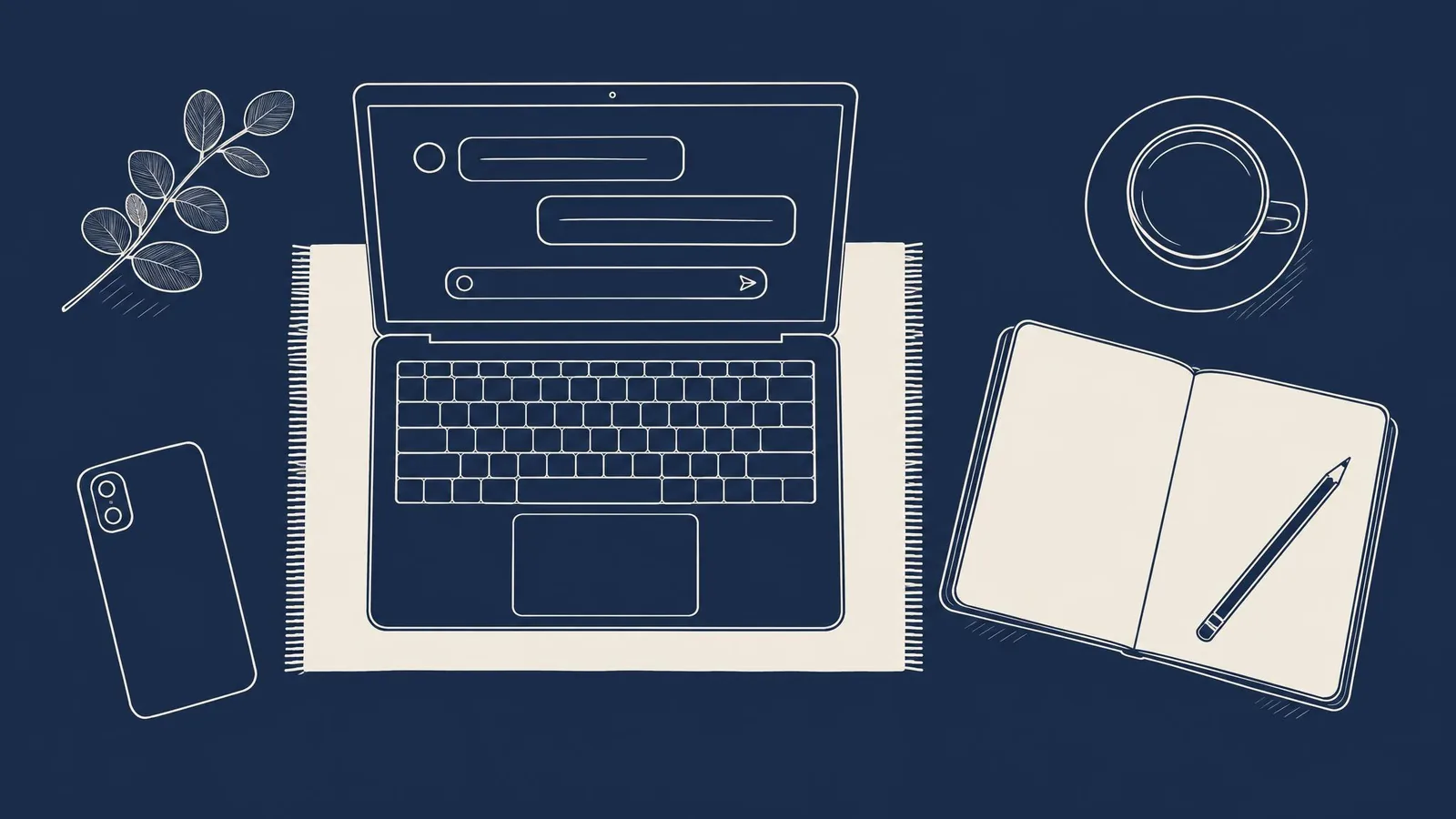 A laptop open to an AI assistant beside a blank notebook, a pencil and a cup of tea, seen from above.