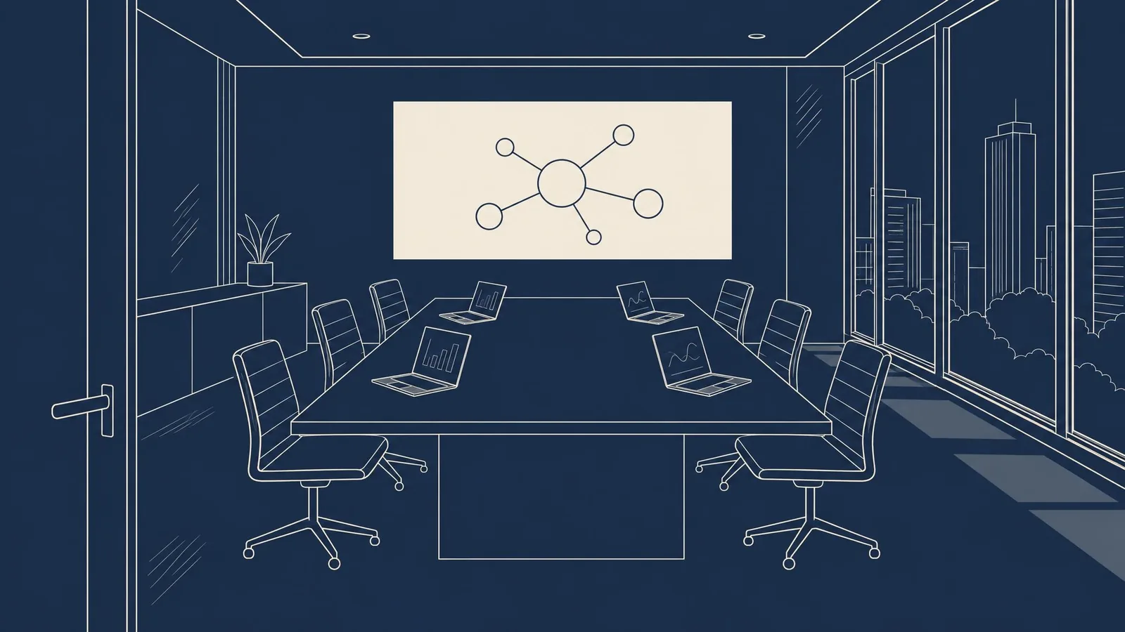 An empty boardroom with open laptops along the table and a wall screen showing a network diagram.