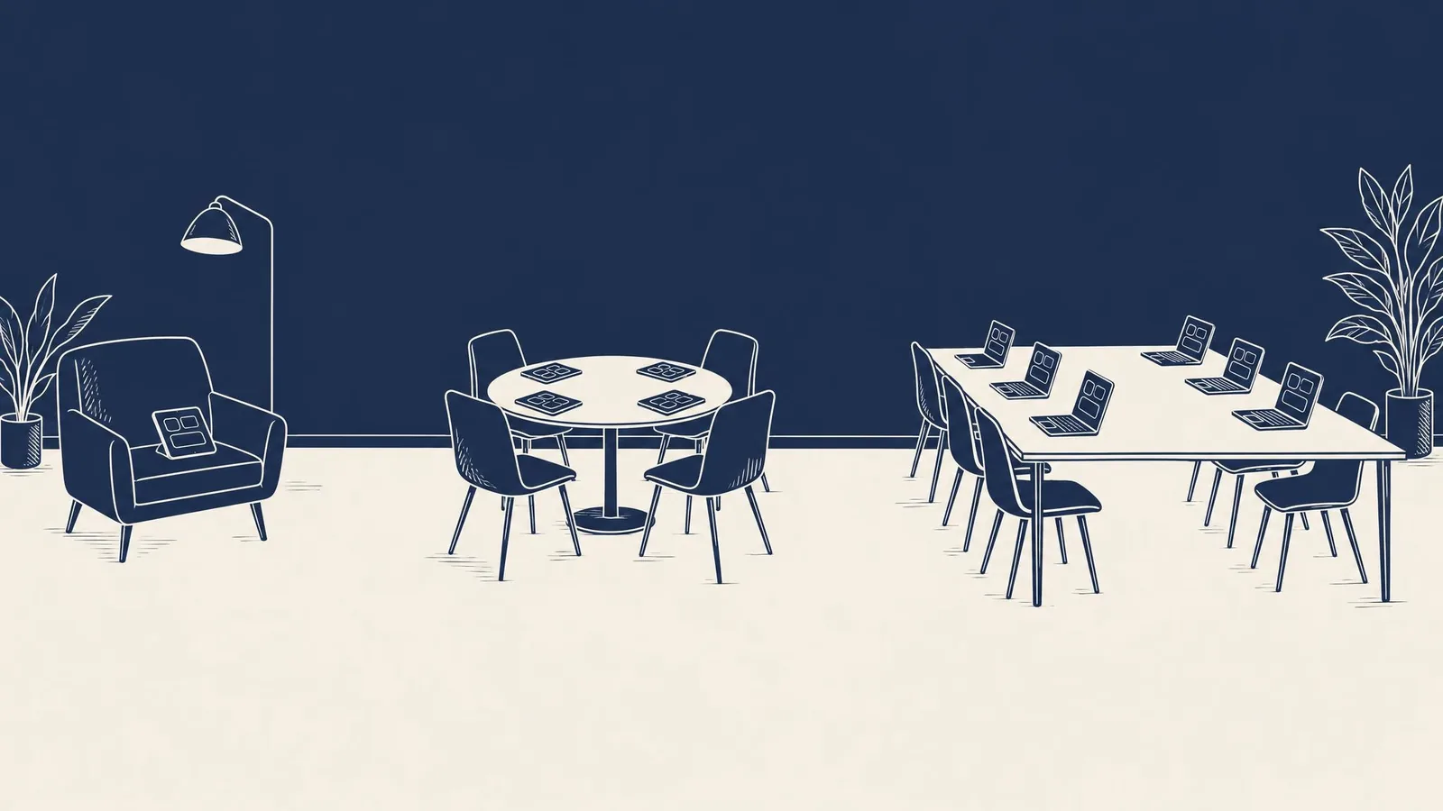 Three small workspaces: an armchair with a tablet, a round table set with tablets and a long table lined with laptops.