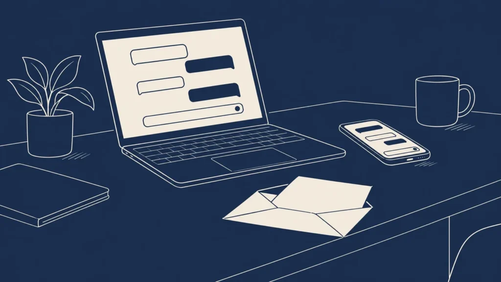 An open laptop showing an AI chat window, with a phone and a folded letter beside it on a desk.