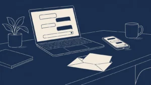 An open laptop showing an AI chat window, with a phone and a folded letter beside it on a desk.