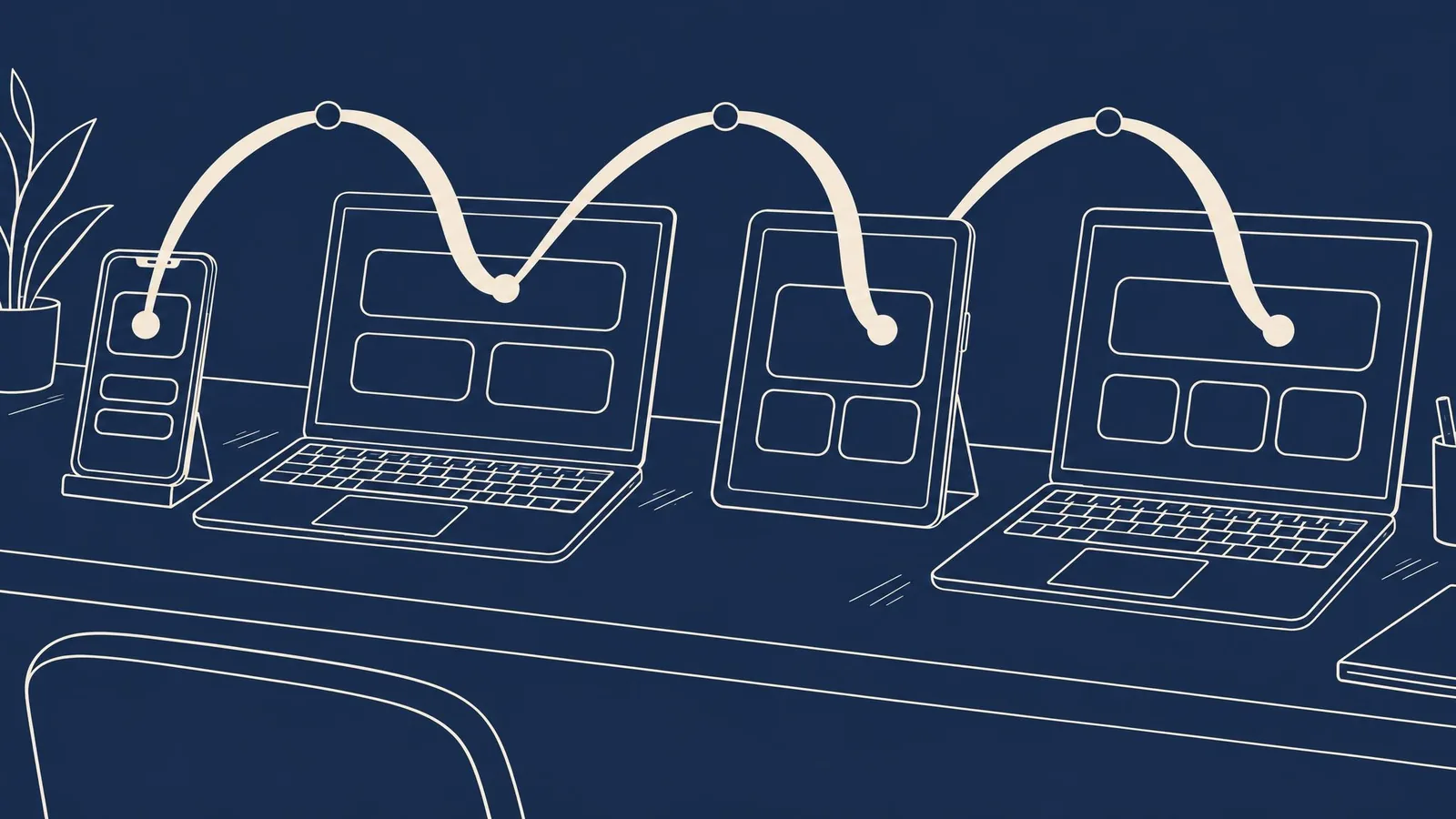 A phone, a laptop, a tablet and a second laptop in a row along one long desk, joined left to right by one flowing line.