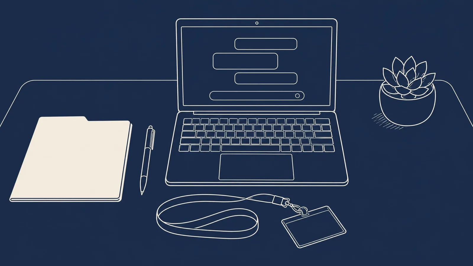 An open laptop showing an AI assistant beside a closed folder and a blank lanyard badge on a tidy desk.