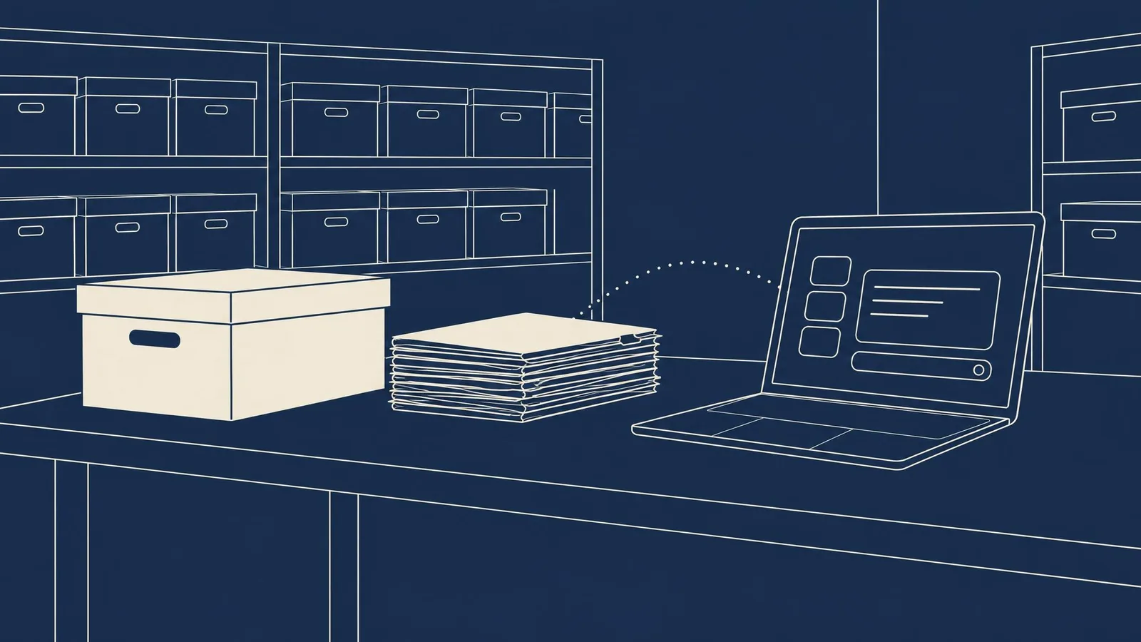 A laptop open to an AI assistant beside a neat stack of paper folders and a closed file box.
