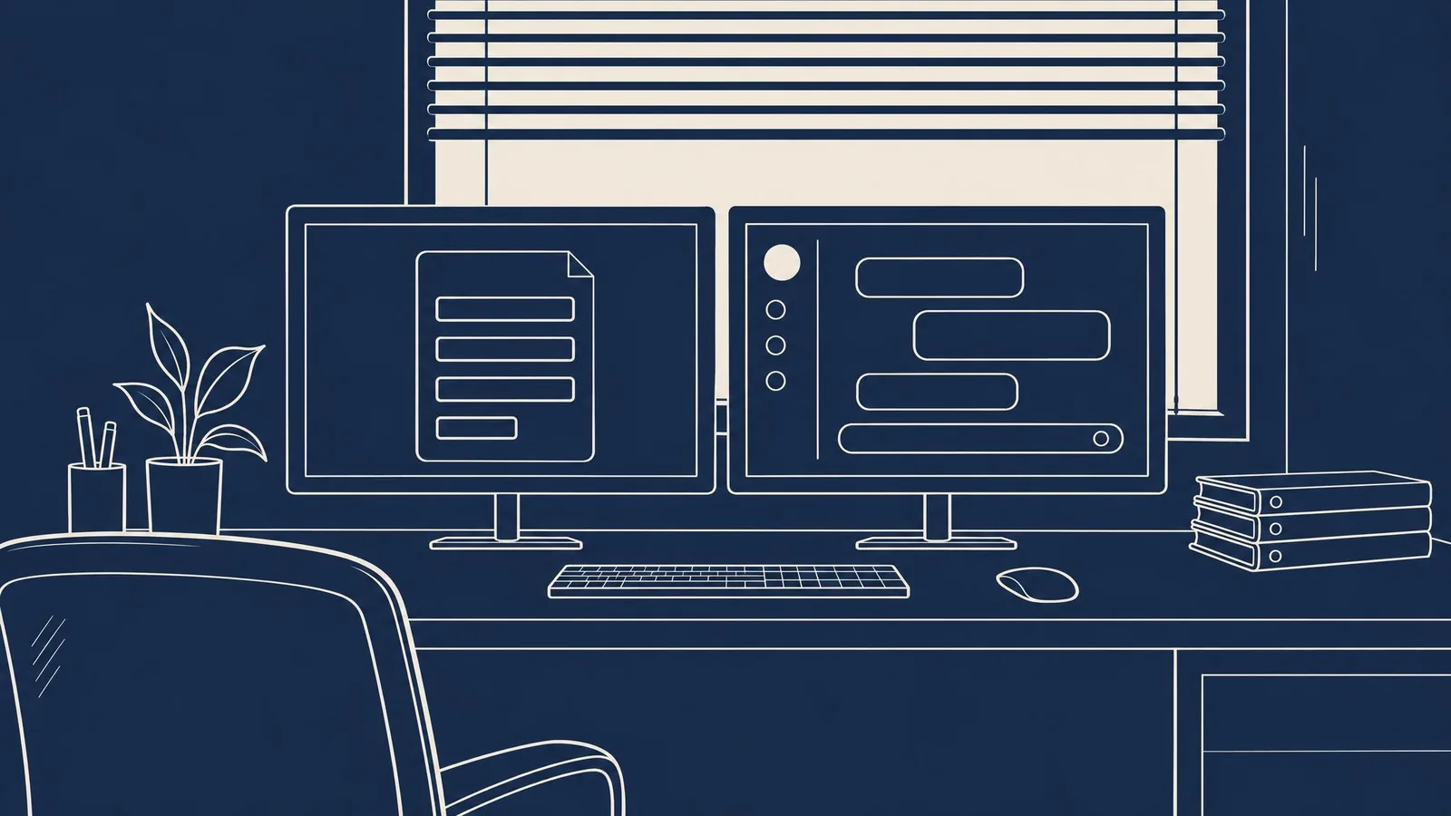 An office workstation with two monitors, one showing a document and one an AI chat panel, beside a stack of folders.