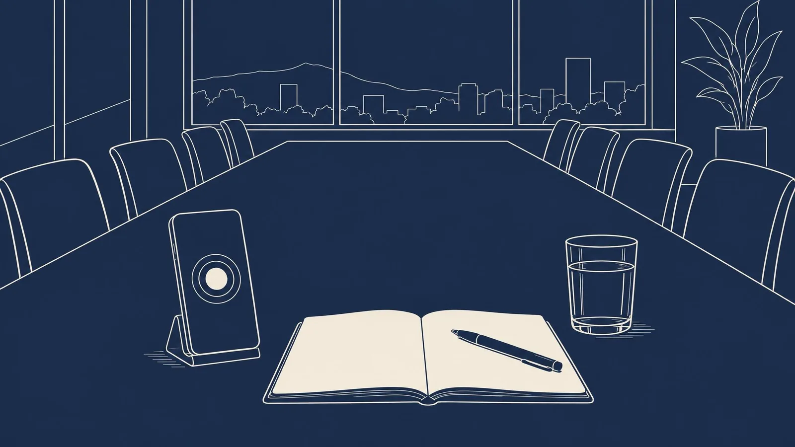 A phone on a small stand beside an open notebook with blank pages and a pen on a meeting table.