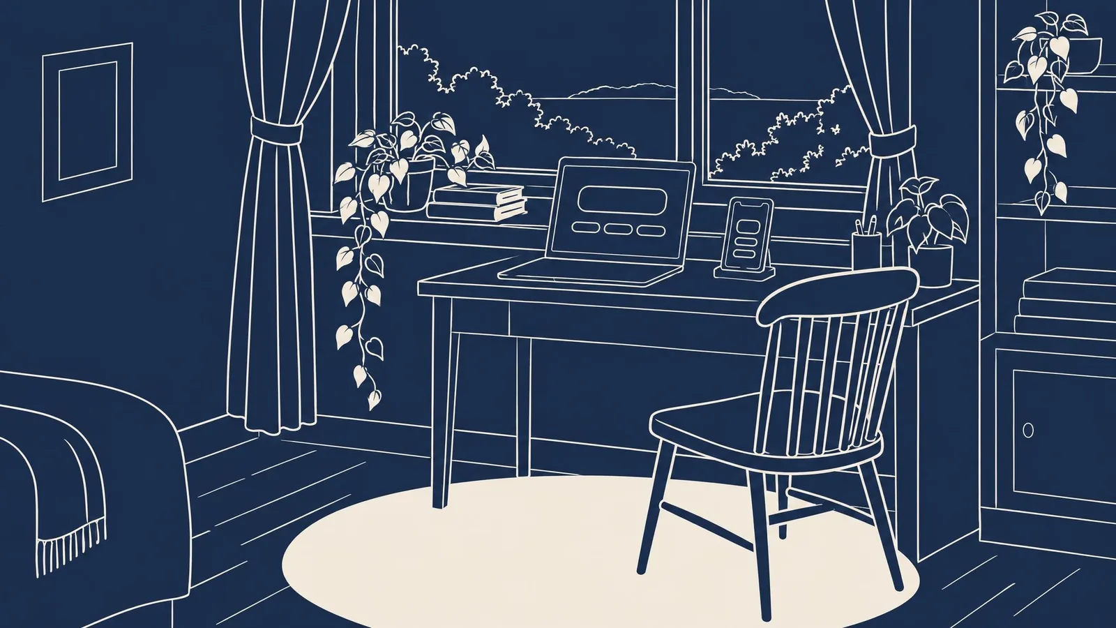 A home writing desk by a window with a phone and a laptop, each open to the same AI assistant.