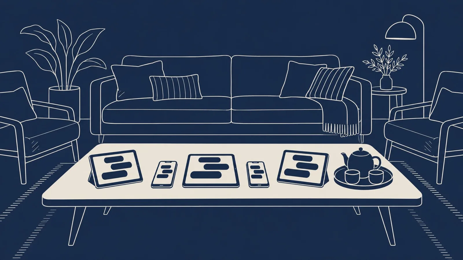 A low coffee table holding three tablets and two phones, each open to the same AI chat.