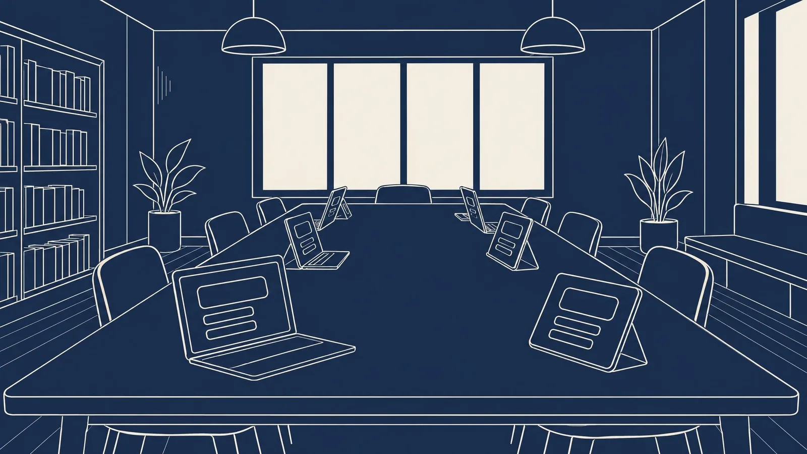 A long table in a community room with laptops and tablets open side by side, each showing the same AI assistant.