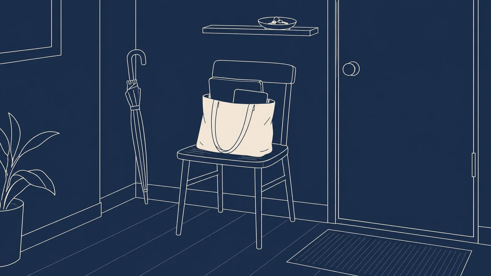 An open tote bag holding a laptop and a tablet, set on a chair by an apartment door.