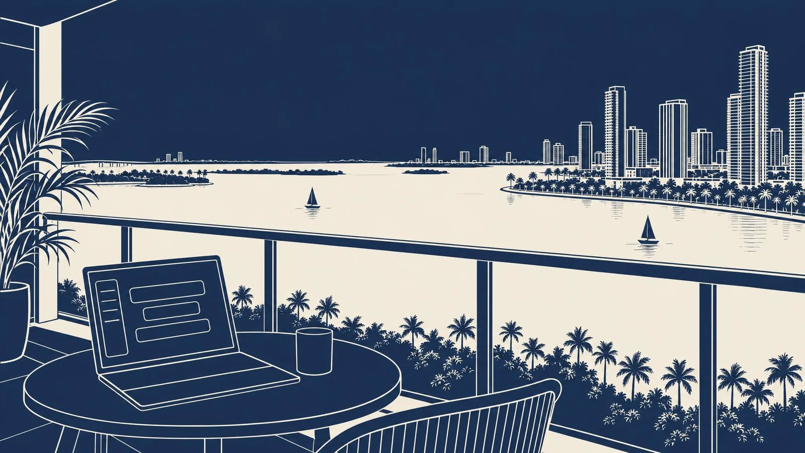 A laptop open to an AI assistant on a balcony table, with a coastal skyline and palm trees beyond the railing.