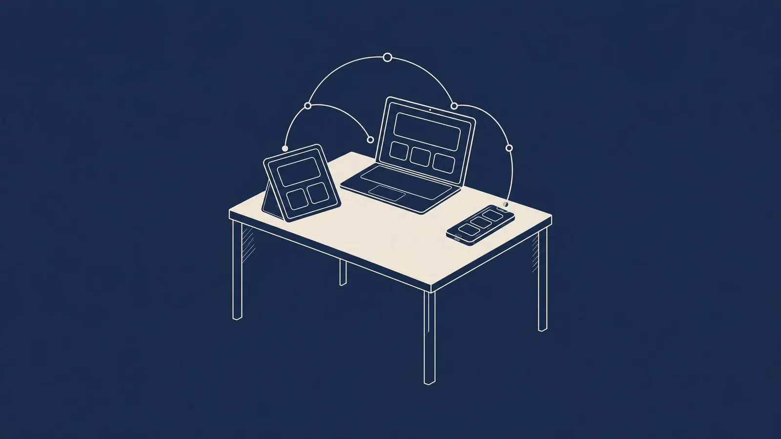 A laptop, a tablet and a phone on one desk, joined by flowing network lines between their screens.