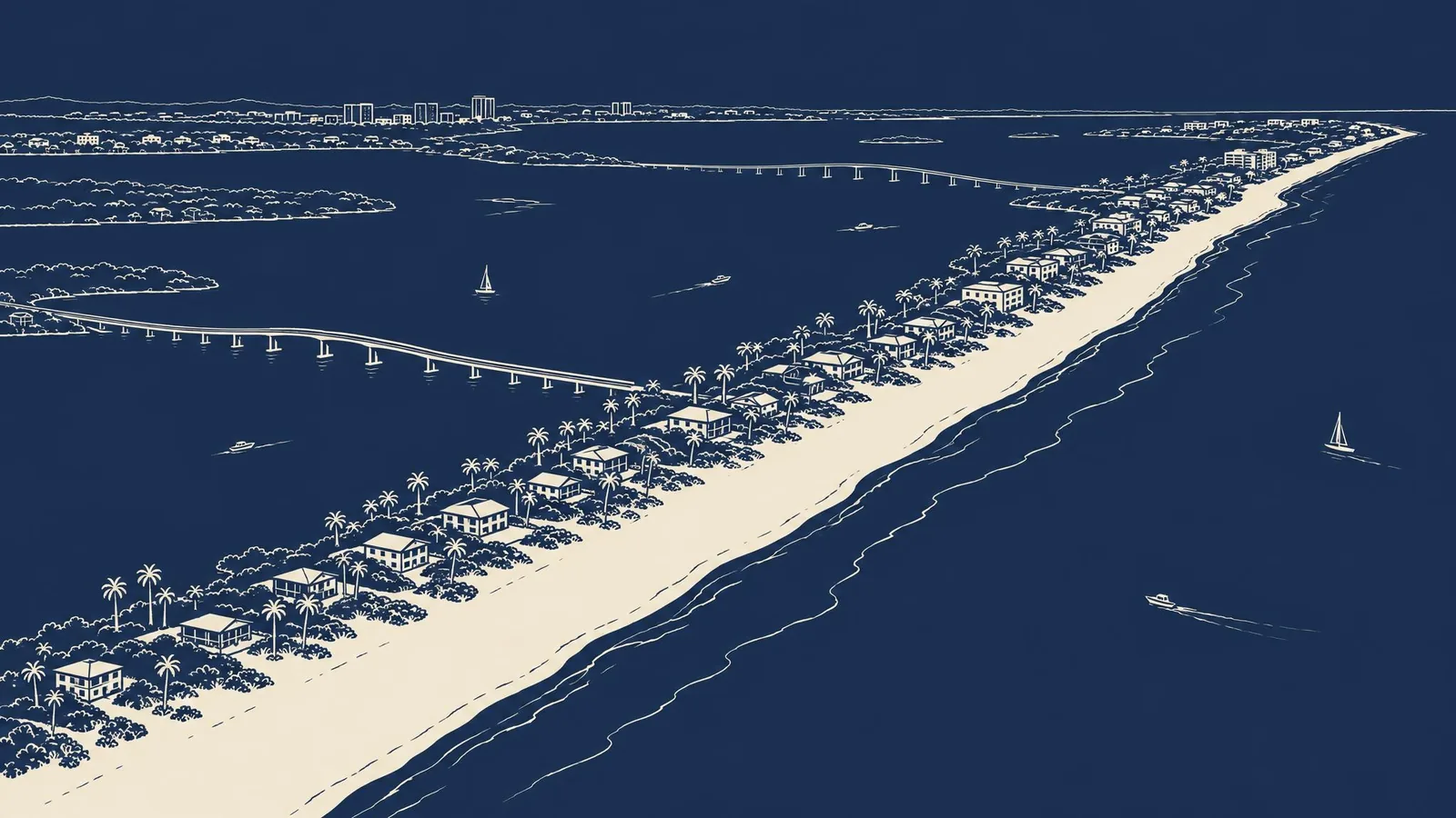A coastline seen from above, with causeways, palm trees and low rooftops.
