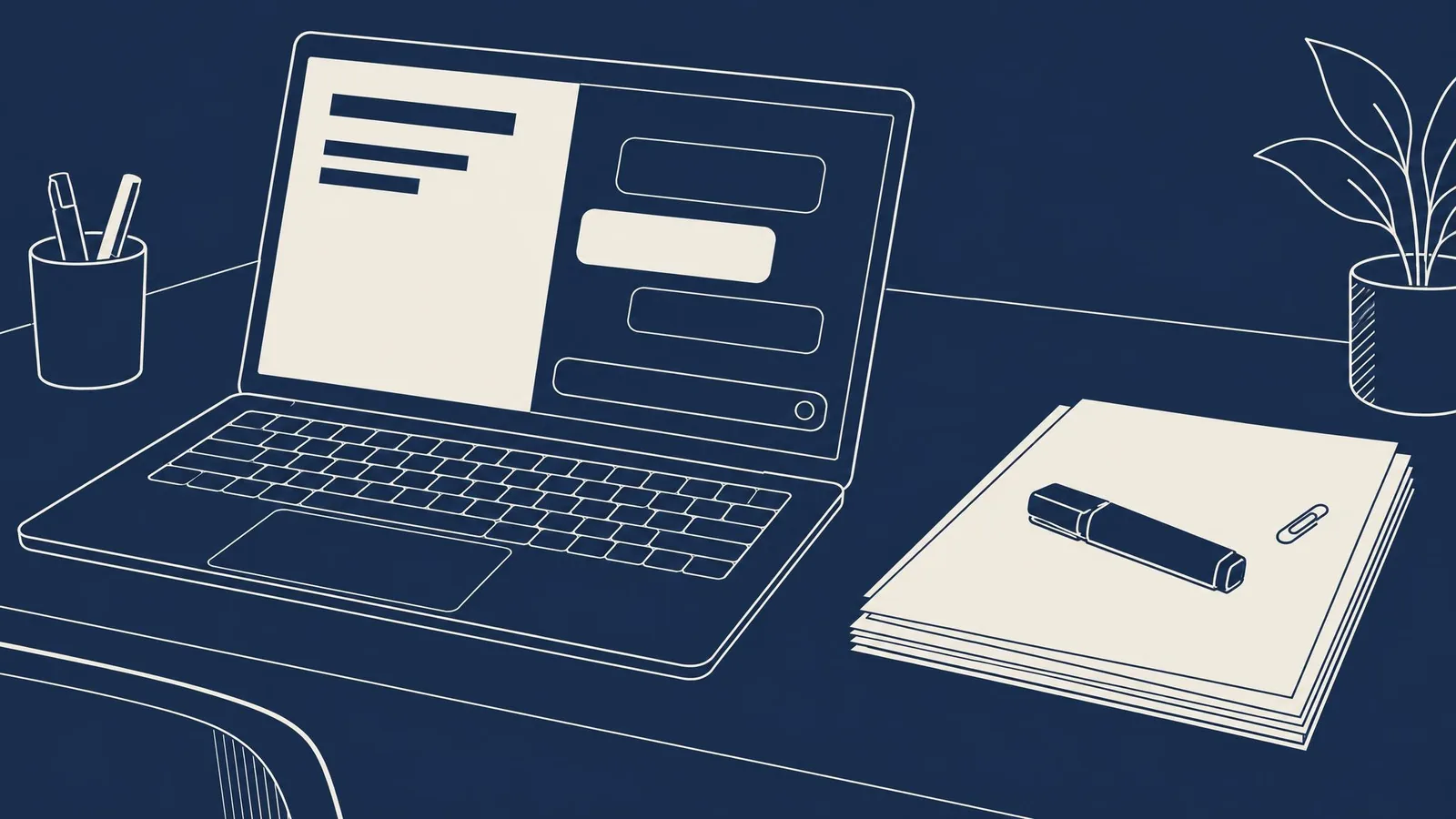 A laptop showing a blank document beside an AI chat panel, with a highlighter and a stack of papers.