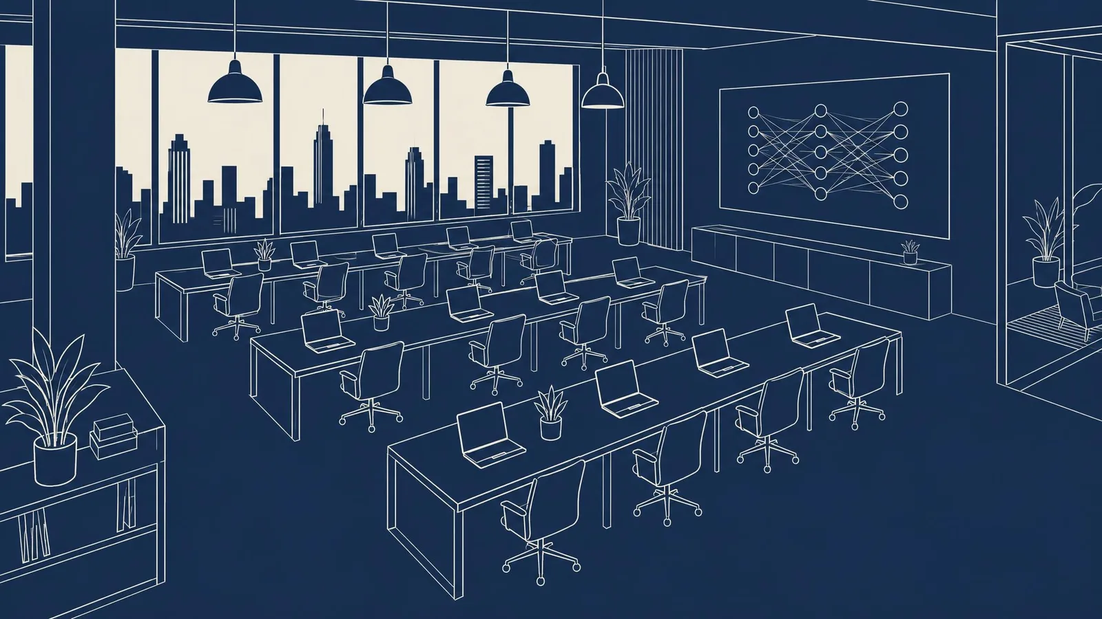 An open-plan office with rows of desks holding open laptops and a wall screen showing a network diagram.