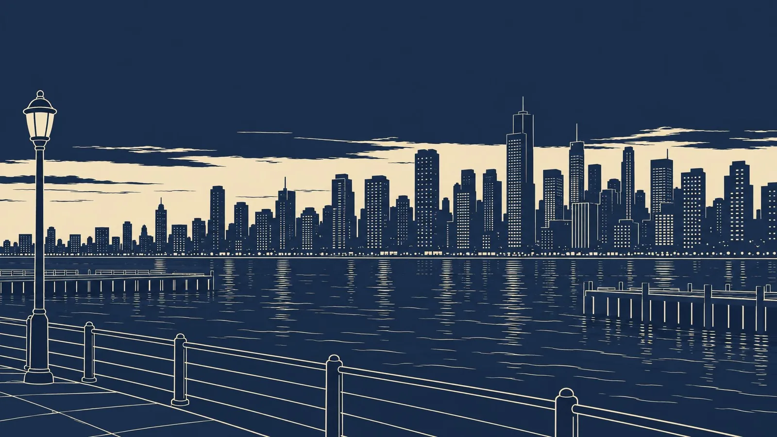 A city skyline of tall towers across a river at dusk.