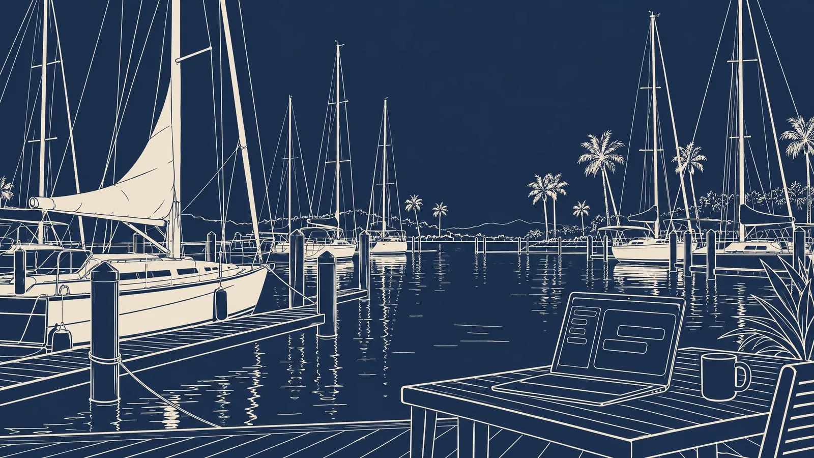 A marina with sailboats beyond a laptop on a waterfront table.