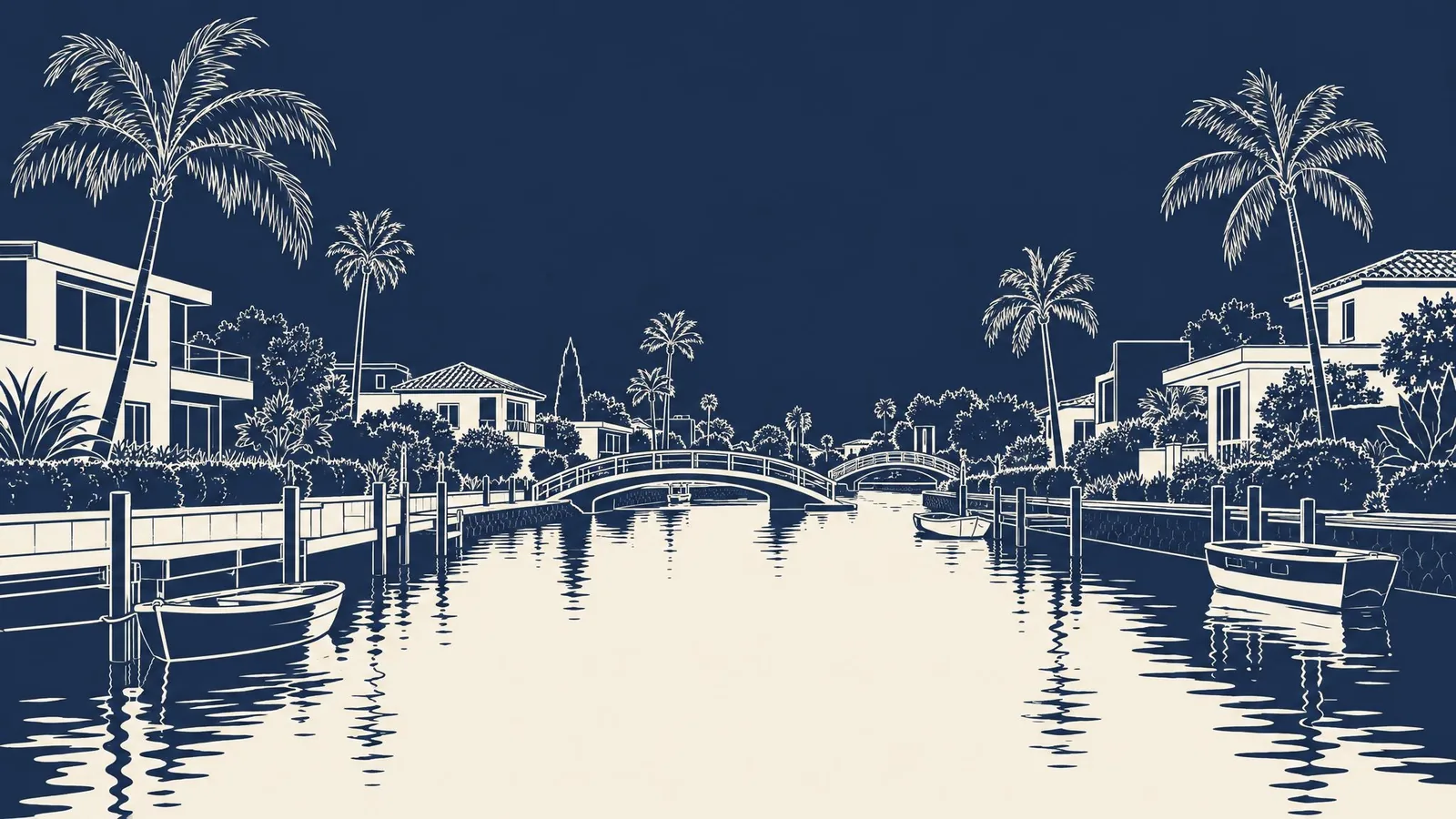 A canal with small bridges, palm trees and low rooftops.