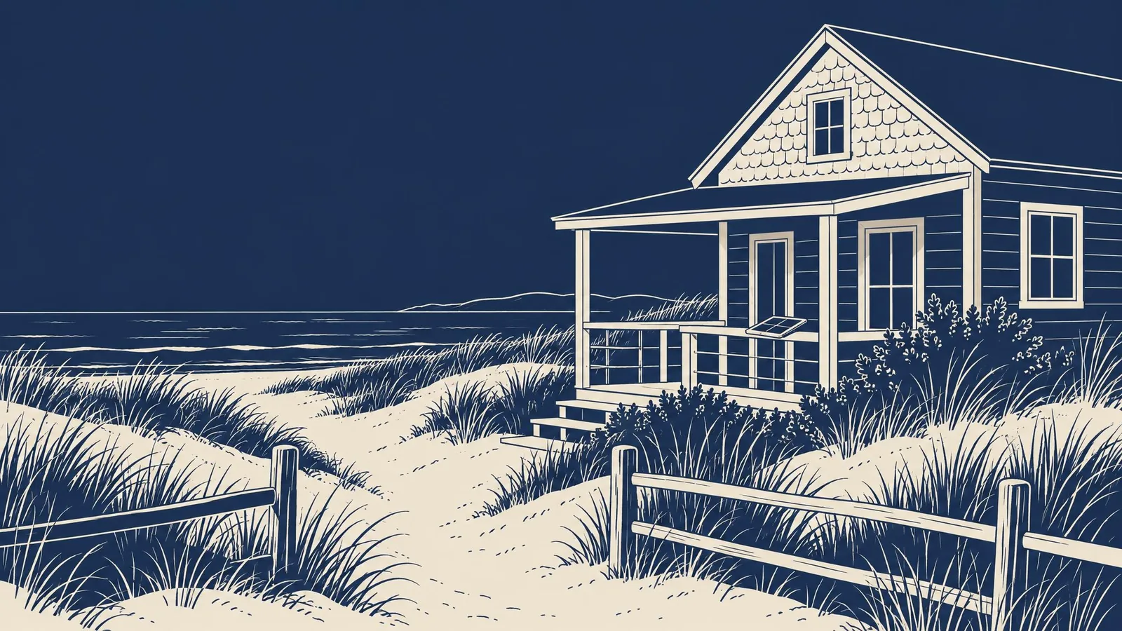 A shingled cottage among dunes and beach grass, with a tablet resting on its porch rail.