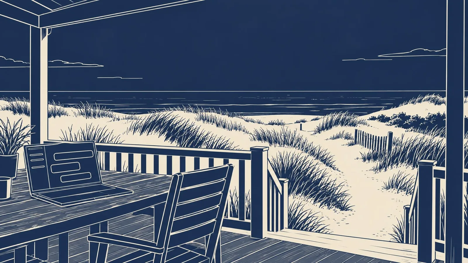 A porch table by the dunes holding a laptop open to an AI assistant, with beach grass beyond.