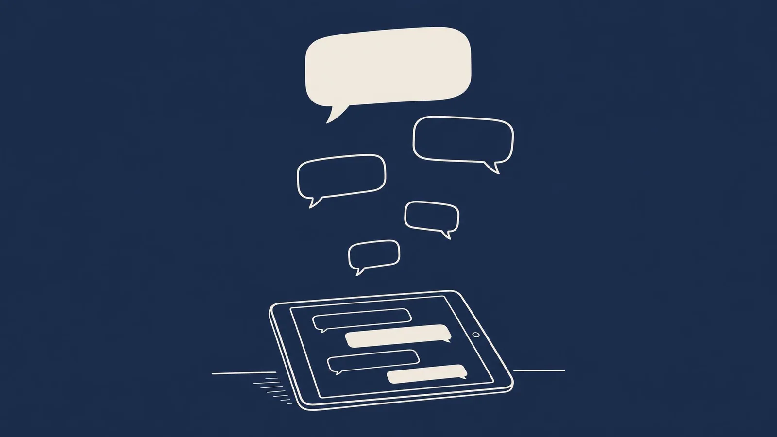 A tablet open to an AI chat with several blank speech bubbles rising above it.