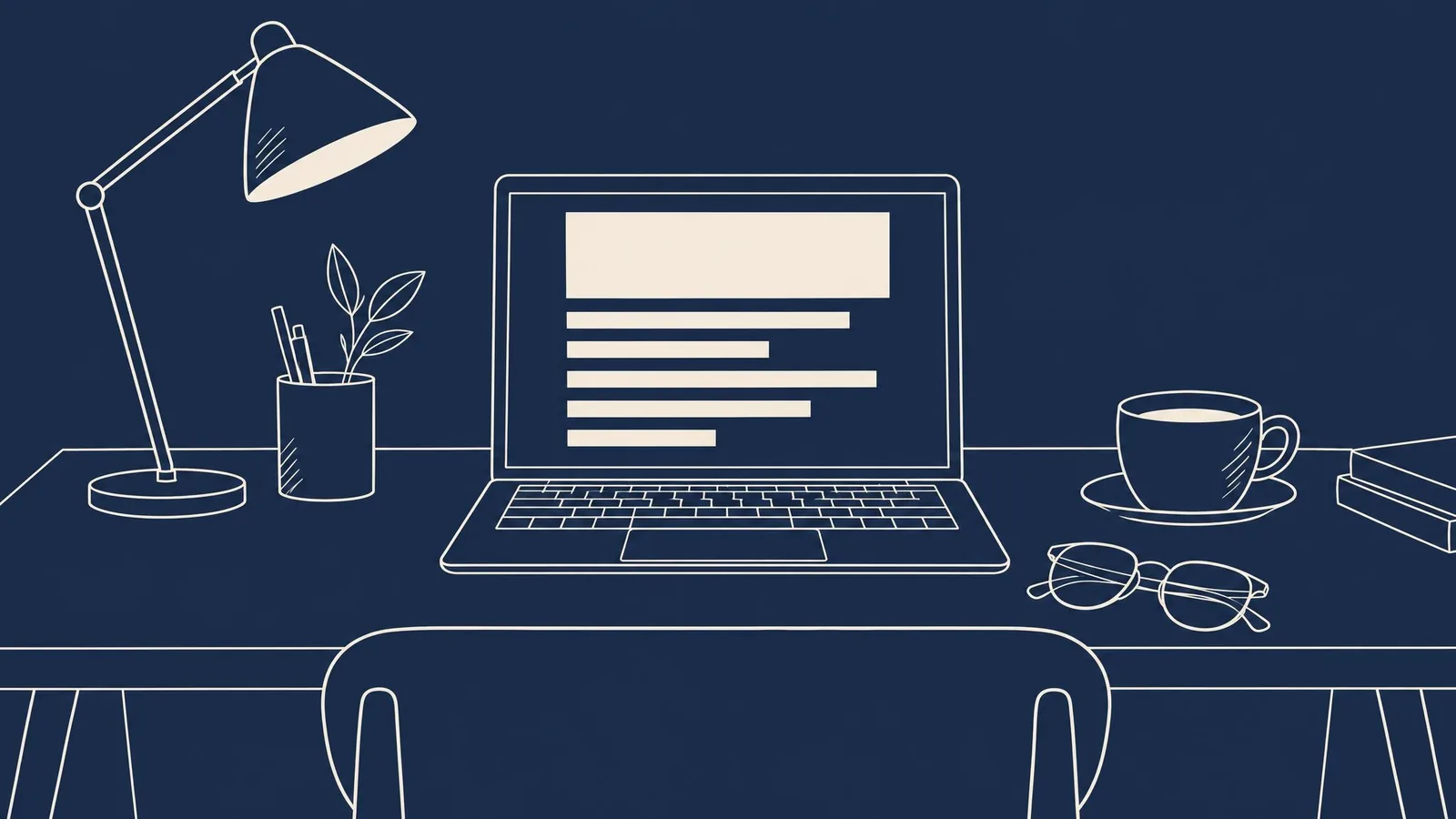A laptop showing a blank article layout beside a cup of coffee and a pair of glasses.