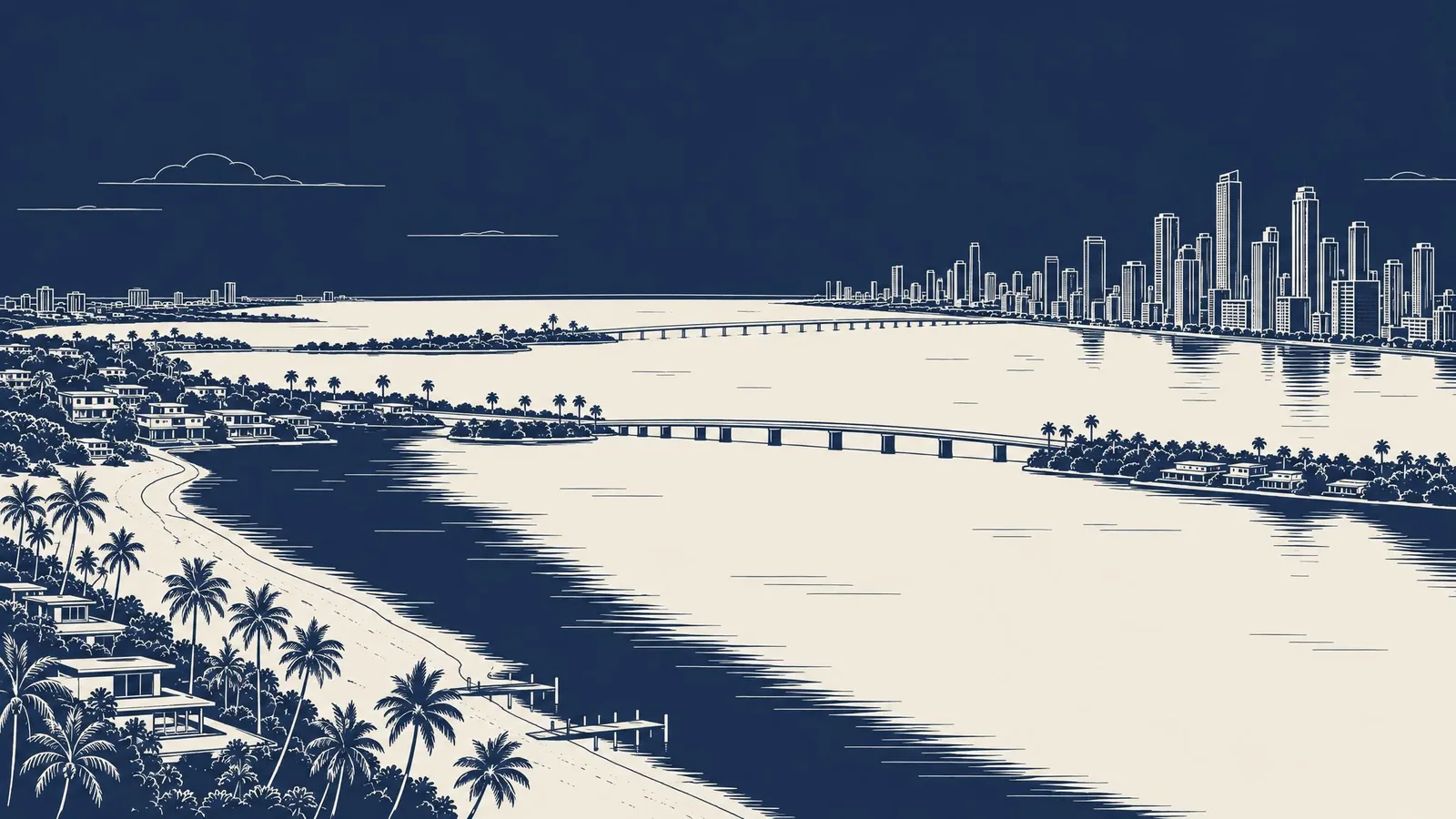 A flat, palm-lined coast with causeways that runs to a city skyline of tall towers across the water.