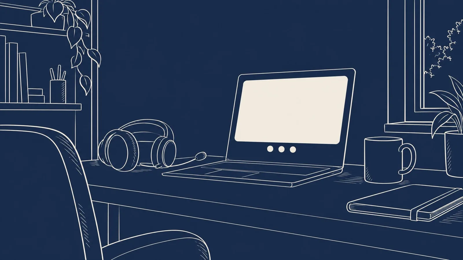 A headset resting beside a laptop open to a blank video-call window.